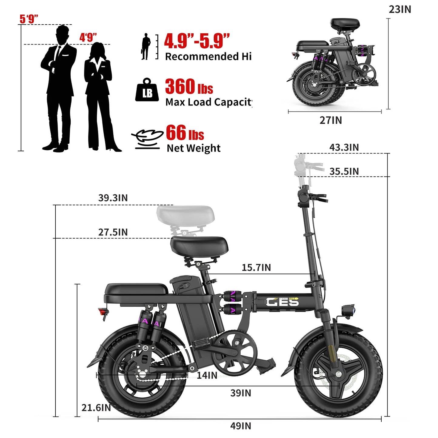 UPlee GE5 Electric Bike 500W Peak Motor 48V 15Ah Battery