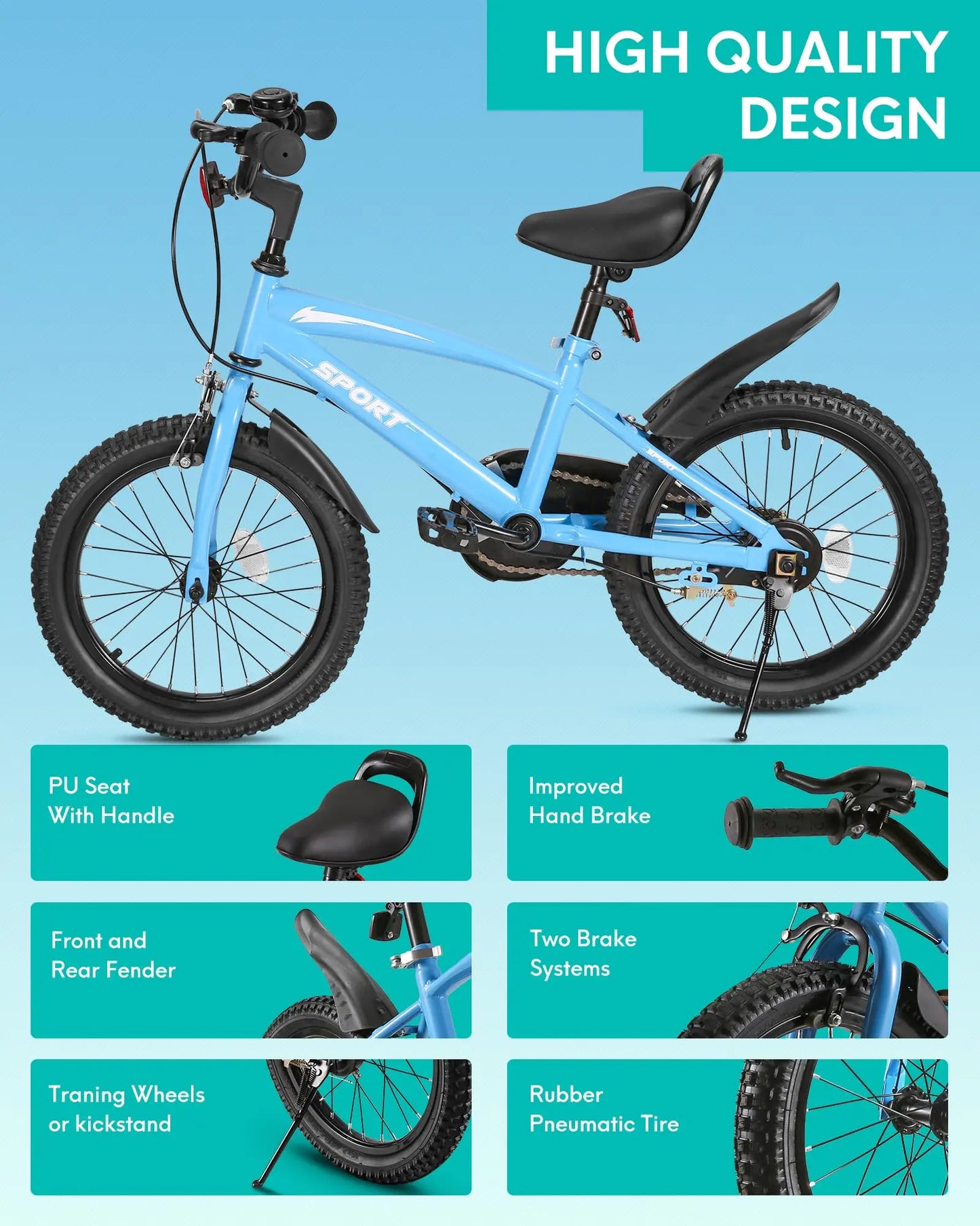 Unisex Kids Bicycle With Training Wheels And Dual Handbrake