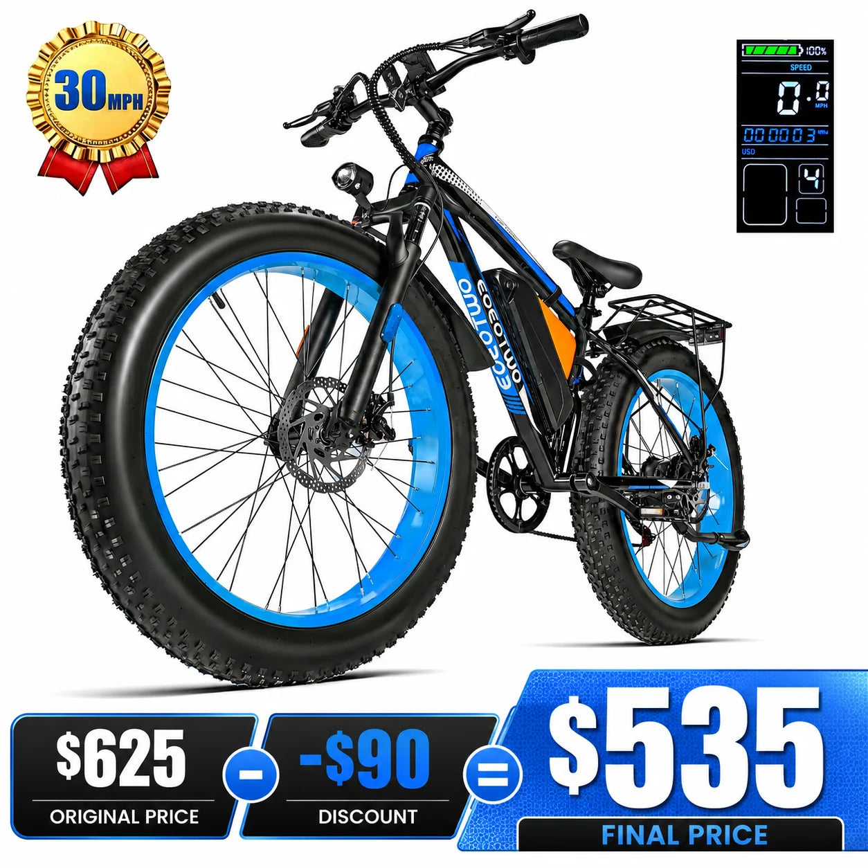 EOEOTWO Electric Bike 1500W Peak Fat Tire Ebike For Adults 30 MPH
